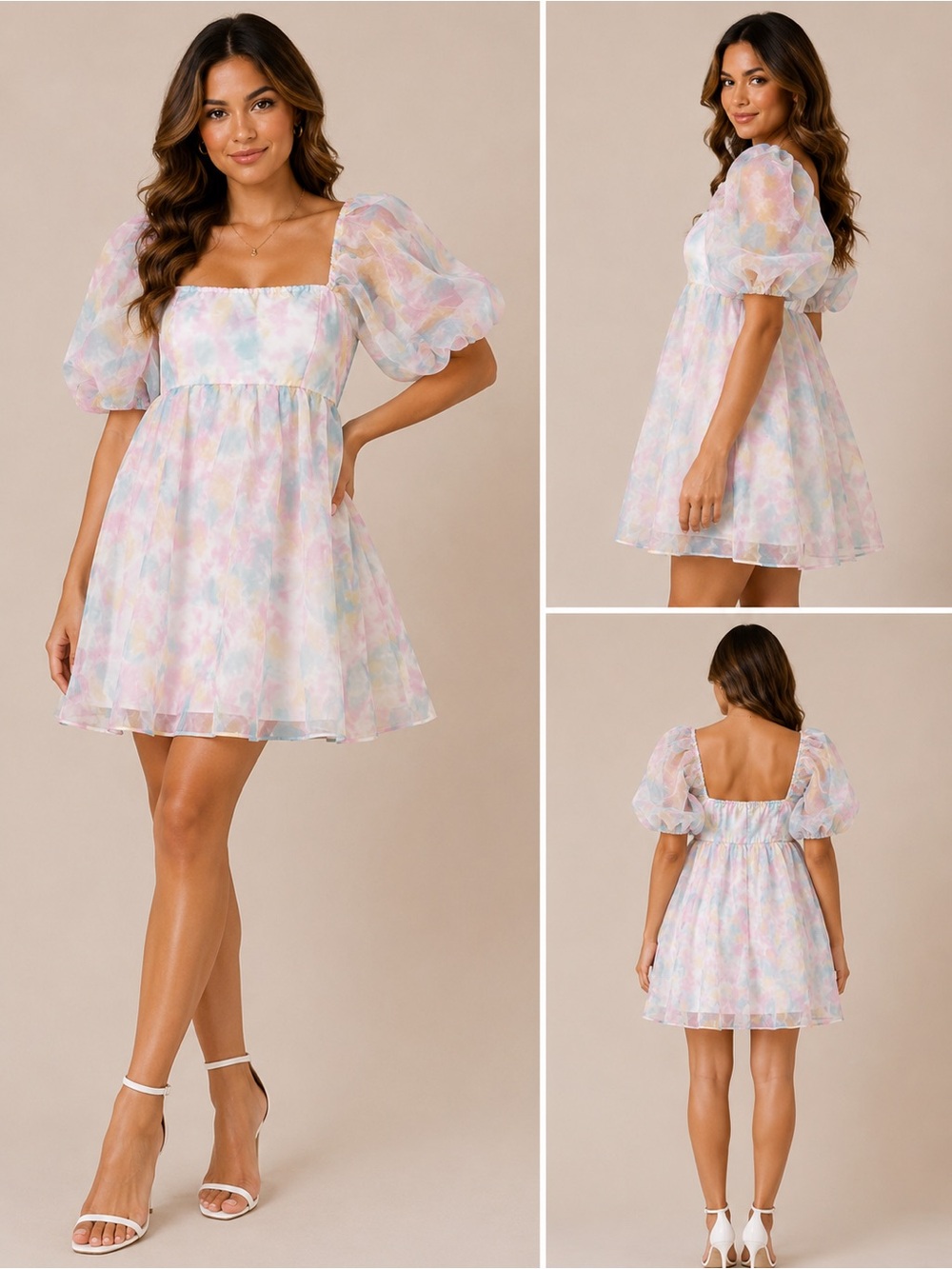 Pastel Watercolor Puff Sleeve Babydoll Dress
